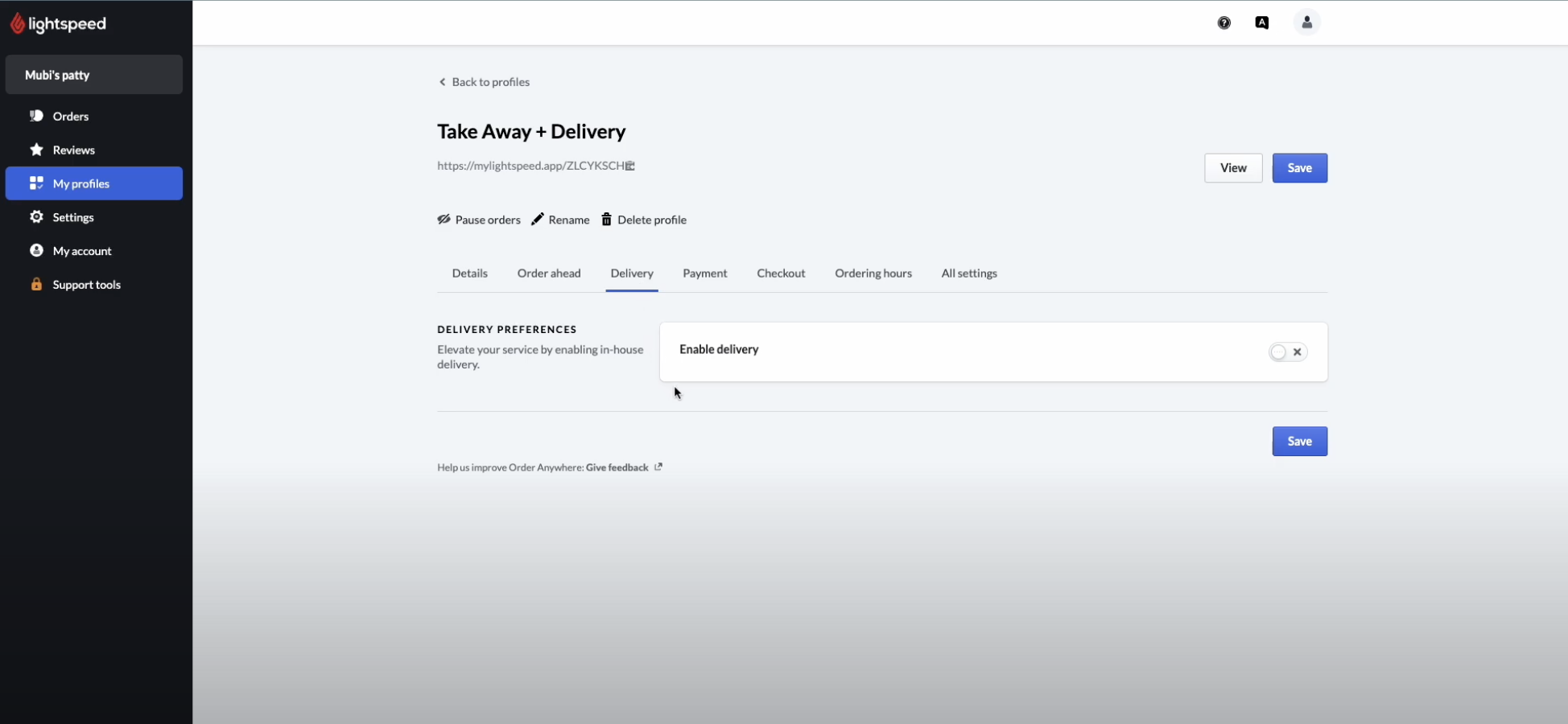 Restaurant self-delivery admin hi-fi design